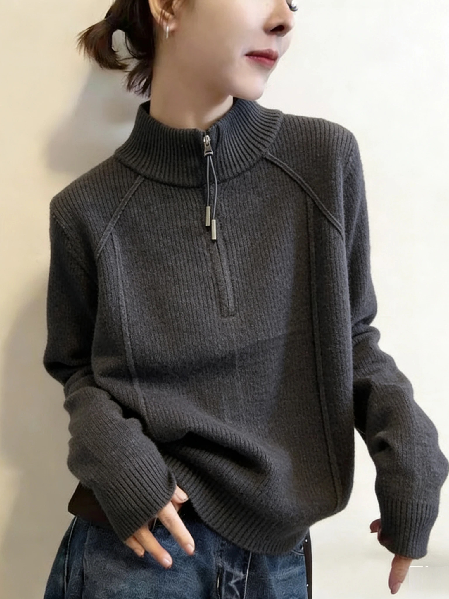 

mat High Collar Zipper Knitted Sweater Women's Autumn Winter ey Fce Lined Loose Long Sve Base Layer Top