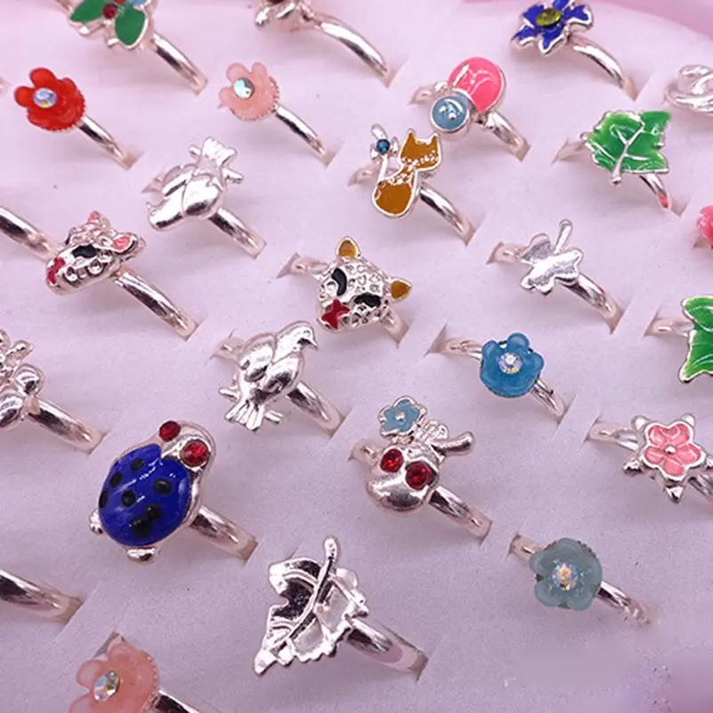 Wholesale 10pcs/lot Mix Styles Cute Children Rings Butterfly Plant Animal Alloy Ring Finger Jewelry Rings Kid Girls Toys No Box