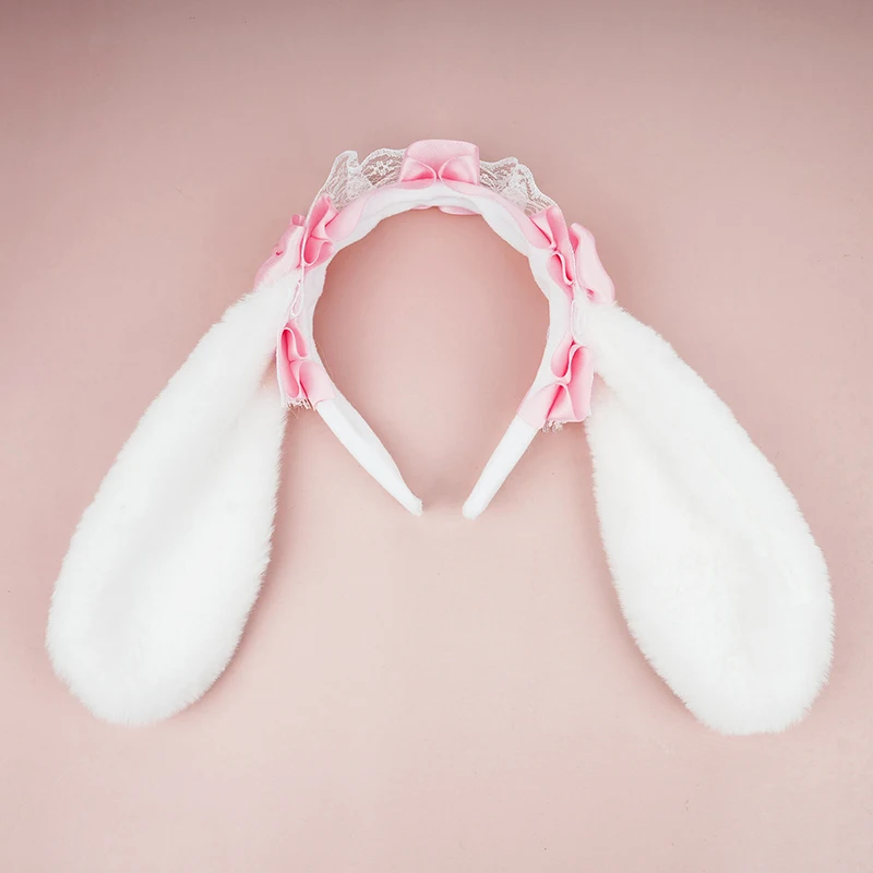 Easter Bunny Ears Headband, Lace Trim Bells Hair Hoop Cute Headband Styling Accessories for Party Photography