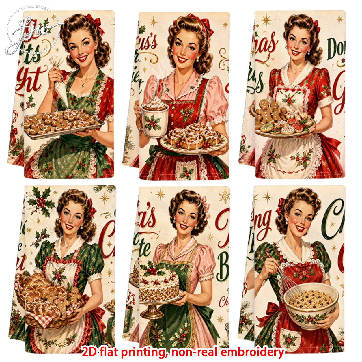 Kitchen Baking Equipment - 6-delige vintage kerstkeuken handdoeken met pin-up