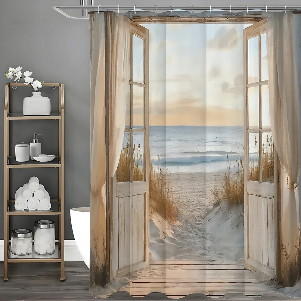 

Ocean Beach Wooden Door Botanical Shower Curtain, Bathroom Decorative Shower Curtain, Waterproof Shower Curtain with Hooks