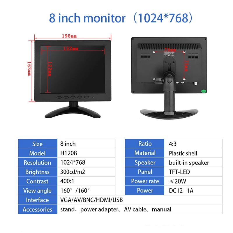 ZHIXIANDA H1208 8 Inch TFT LCD 1024x768 Screen Monitor With VGA HDMI AV BNC USB Sperkers For PC CCTV Security Camera