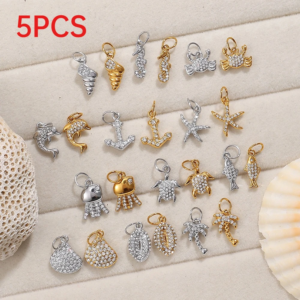 

5Pcs Ins Beach Starfish Coconut Tree Rhinestone Pendant Stainless Steel DIY Jewelry Accessories