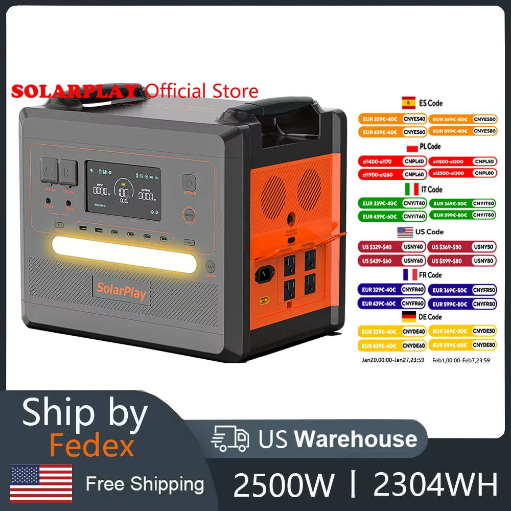 SOLARPLAY Portable Power Station 2500W/2300Wh Solar Generator with 4 AC Outlets (4800W Peak) Large Capacity Emergency Power