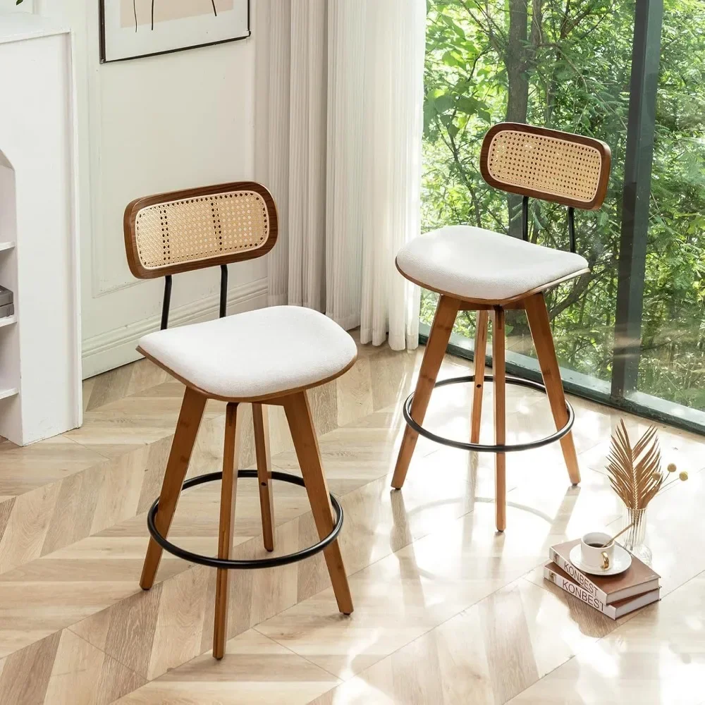 Rattan Bar Stools Set, Bar Stools, Tecido De Linho, Contra Altura, Swivel Barstools, Encosto Rattan, Pernas De Madeira, 26"