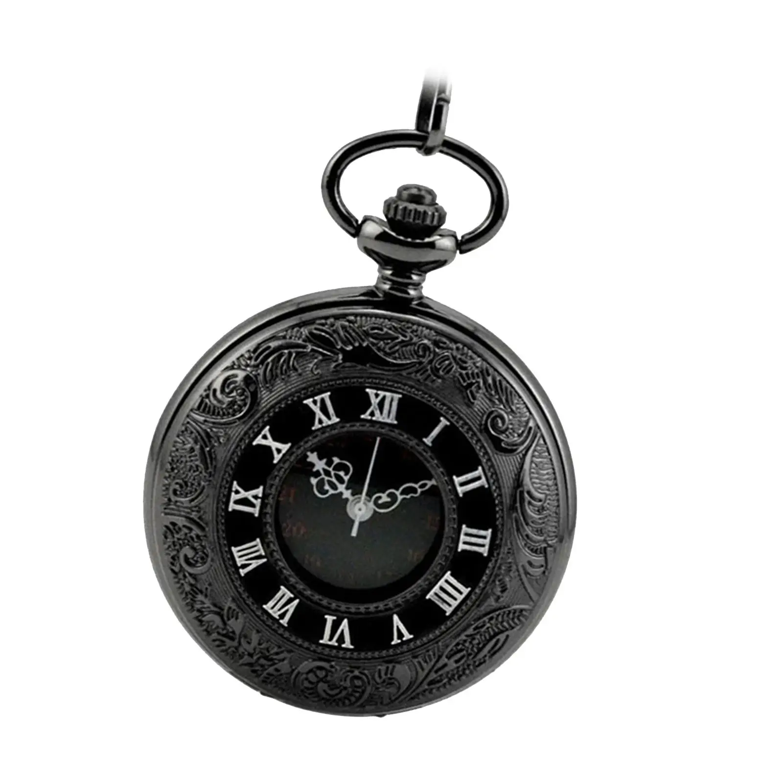 Roman Numbers Round Dial Analog Necklace Pocket Watch Gift Black