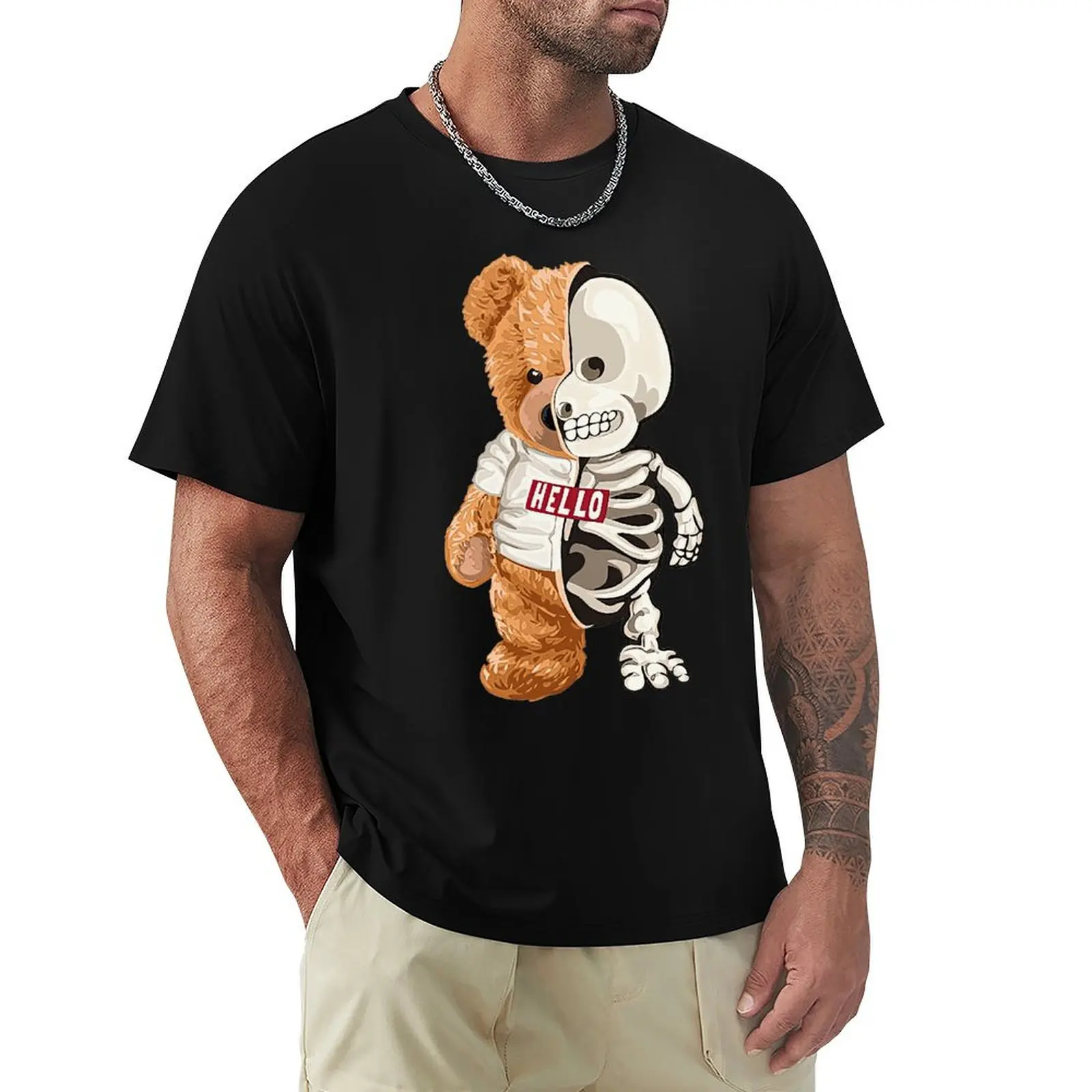 

Hello Skeleton Teddy Bear T Shirt Harajuku Short Sleeve T-shirt 100% Cotton Graphics Tshirt Tops