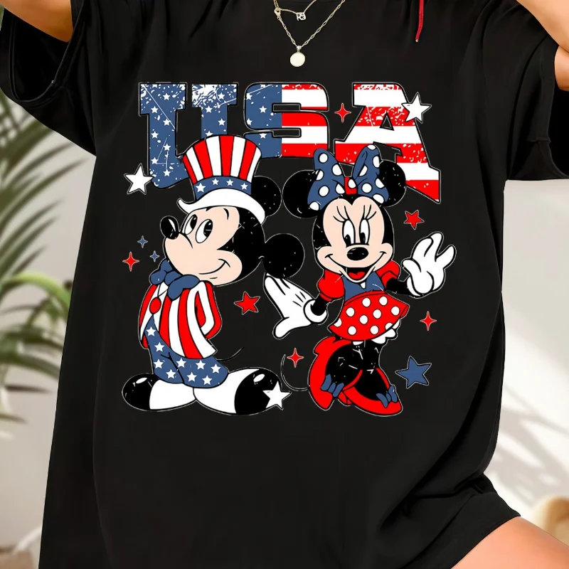 

Disney Patriotic Mickey and Minnie Mouse American Flag T-shirt - Fashion Casual Short Sleeve Top Men's and Women's T-shirts