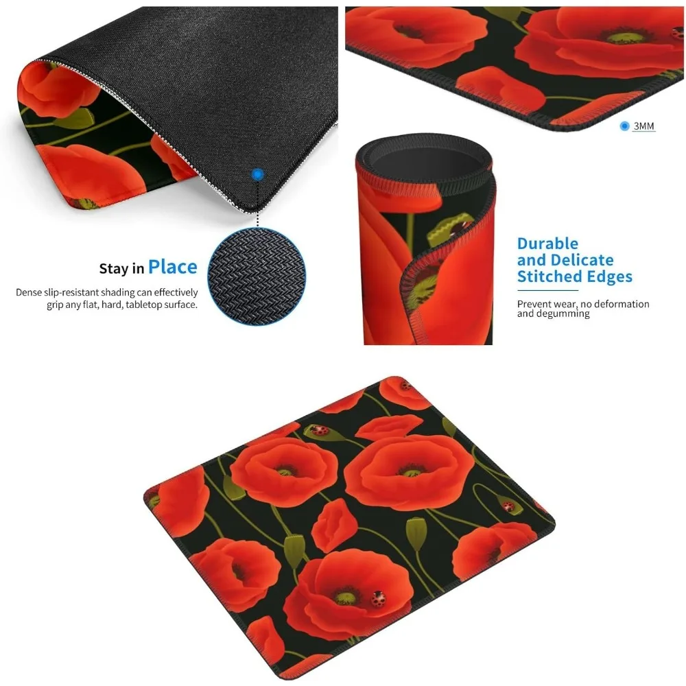 Alfombrilla de ratón para juegos con estampado de flores de amapola de 7x8,6 pulgadas con base de goma antideslizante y bordes cosidos