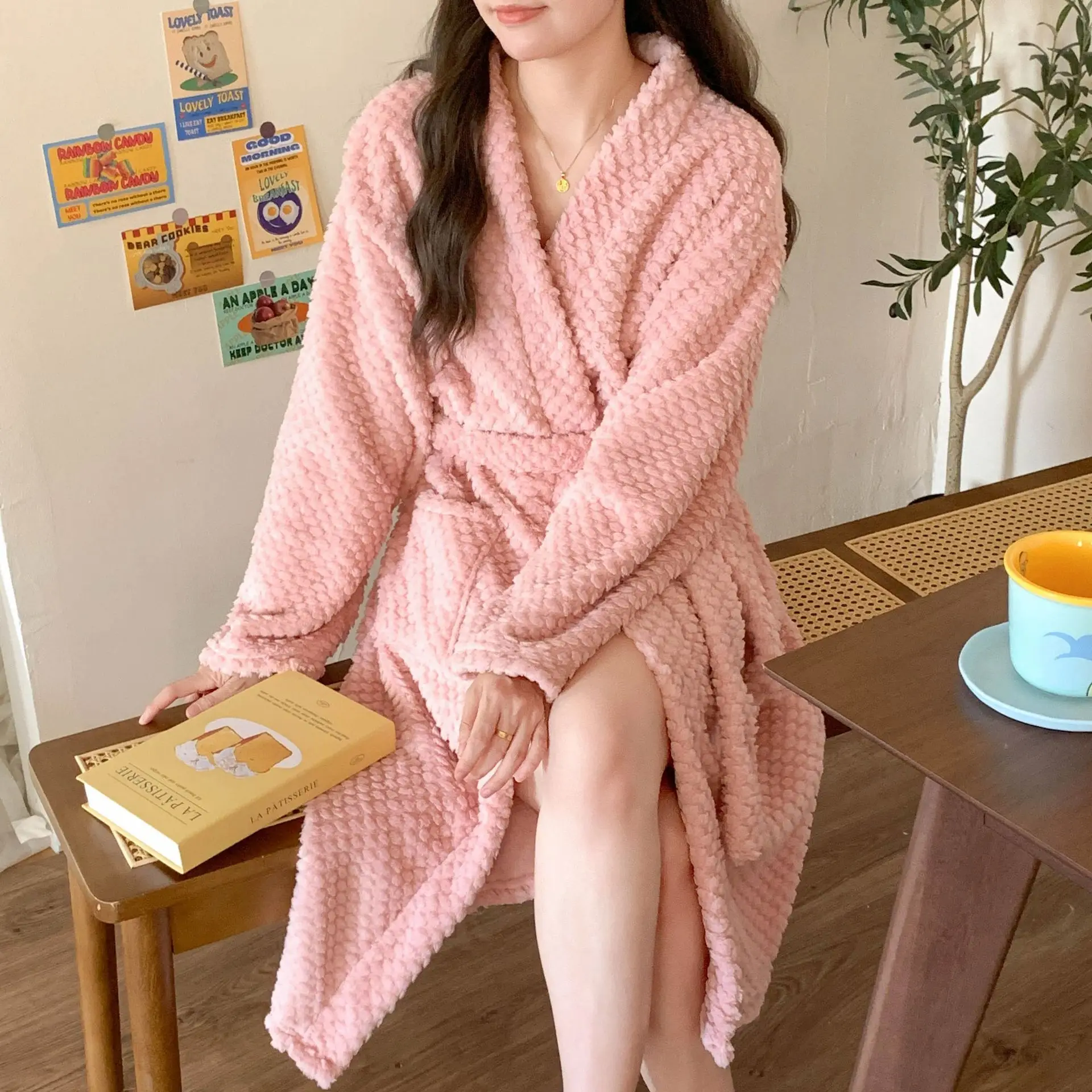 New Fall and Winter Sexy Female Facecloth Robe Homewear Pajamas Padded Thickened Coral Fleece Robe Pajama Pants Homewear Set