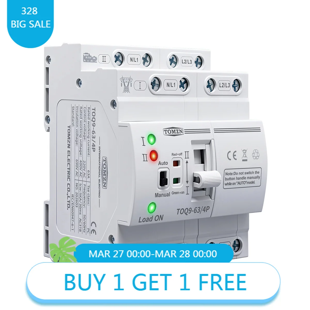 TOMZN TOQ9 Slim ATS Dual Power Transfer Switch 2P 4P 63A 230V DIN Rail Changeover Switch