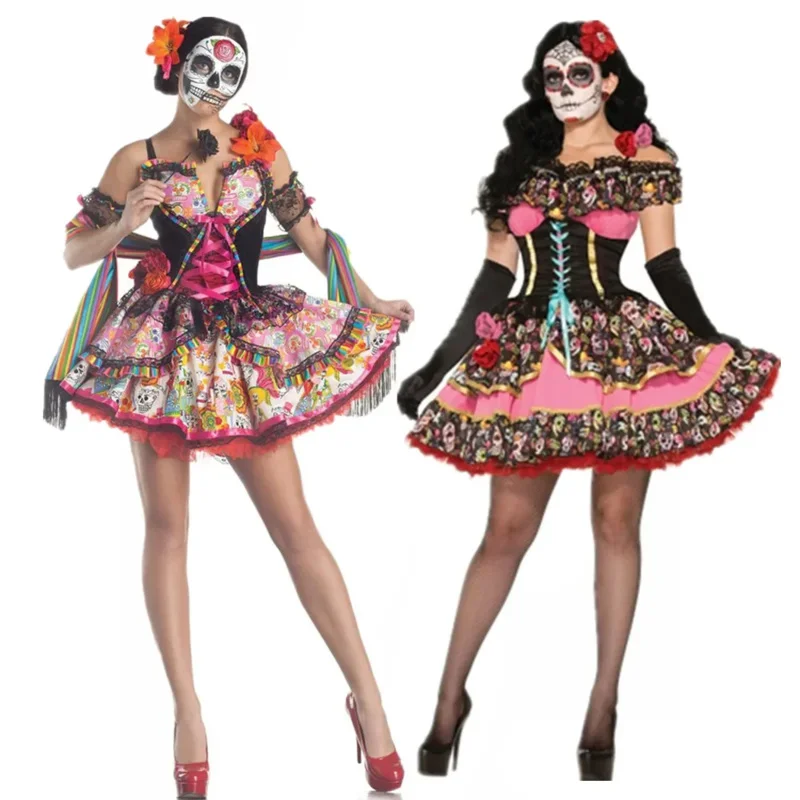 Costume de cosplay d'Halloween pour femme, jour mexicain de la fréquence, fleur, fantôme nickel é, robe de mariée, fête effrayant, crâne, zombie, vêtements féminins PA8