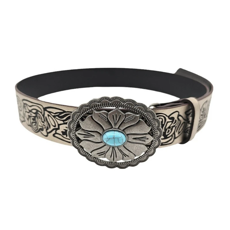 

Western PU Leather Belt Adult Embossed Pattern Waistband Jeans Waiststrap Waist Decors Women Turquoise Buckle Waist Dropship