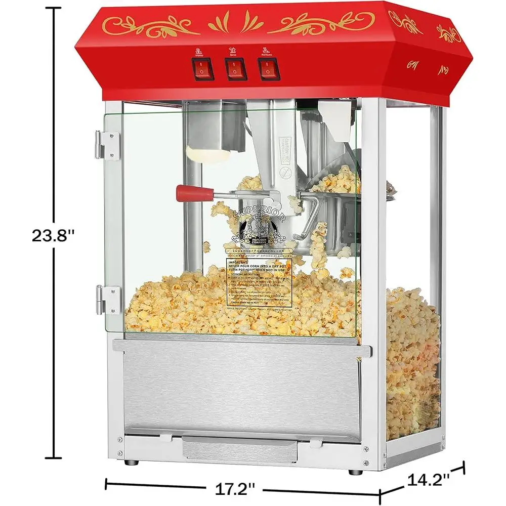 Countertop Popcorn Maker 850W Theater Style Red Vintage Popcorn Popper 3 Gallon Capacity Easy to Use Includes Cups Bags