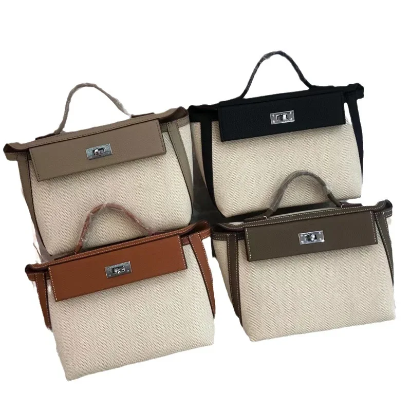 

Fashion Genuine Leather and Canvas Bag Top Layer Cowhide Senior Casual Flap Square Shoulder Top Handle Bags Cowhide Women's Bag