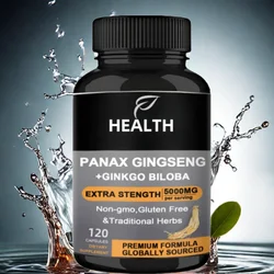 Authentic Korean Red Panax Ginseng + Ginkgo Biloba, 120 Vegan Capsules, Ginseng Root Extract Powder 1000mg (10% Ginsenosides)