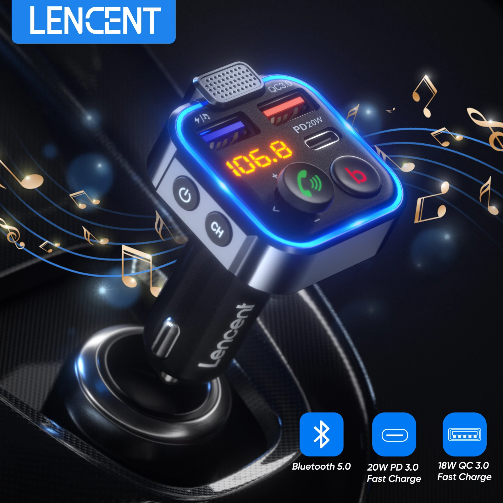 

LENCENT FM Transmitter Wireless Bluetooth 5.0 Handsfree Car Kit Audio MP3 Player With Type-C PD 20W+ QC3.0 Fast USB FM Modulator