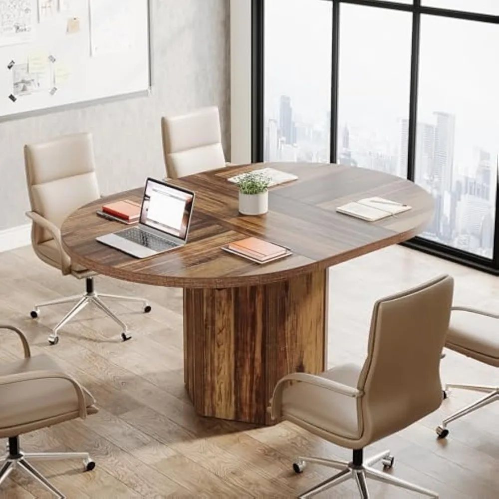 

55.12 Inches Oval Conference Table, Rustic Wood Conference Meeting Room Table for 4-6 People, Small Seminar Table with Polygon
