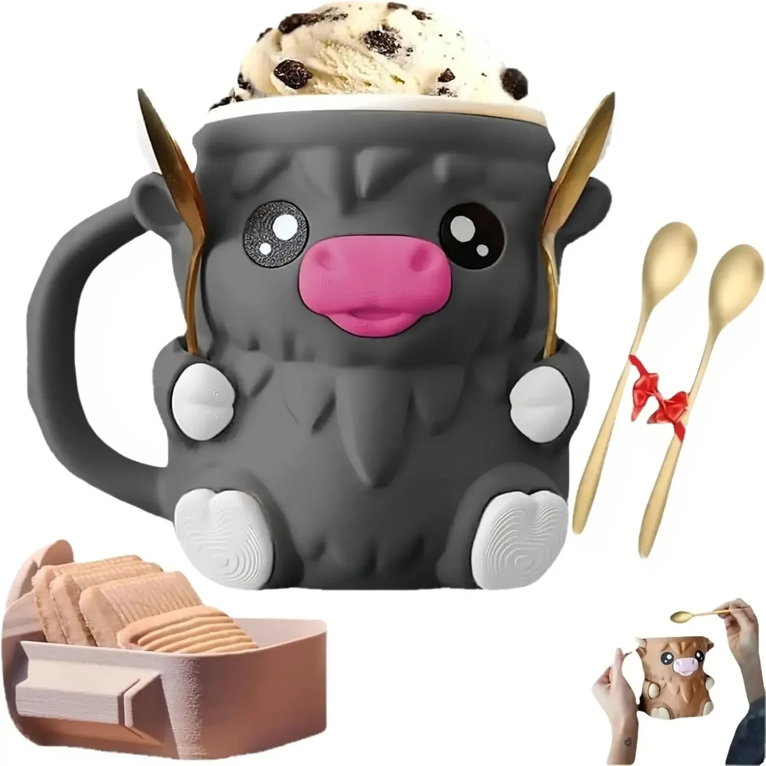 

2 Spoons Are Given As Gift Cow Ice Pint Holder 3d Printed Ice Cream Pint Containers Fun Cartoon Animal Water Mug Ice Cream Cup