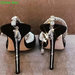 Black Crystal Ankle Strap Women Pumps 2024 New High Heels Pointed Toe Slingback Stiletto Bling Elegant Shallow Shoes For Female