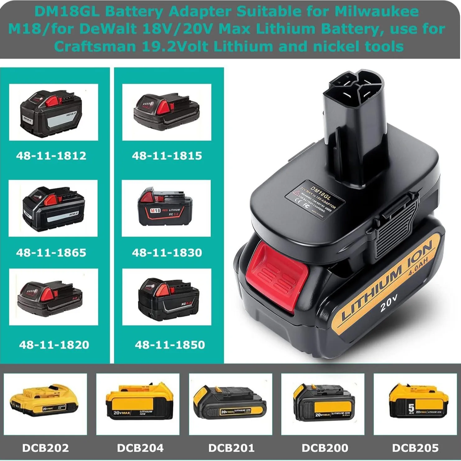 DM18GL Battery Adapter for Milwaukee 18V and for DeWalt 18V Lithium Battery Convert to Only for Craftsman 19.2 Volt Battery