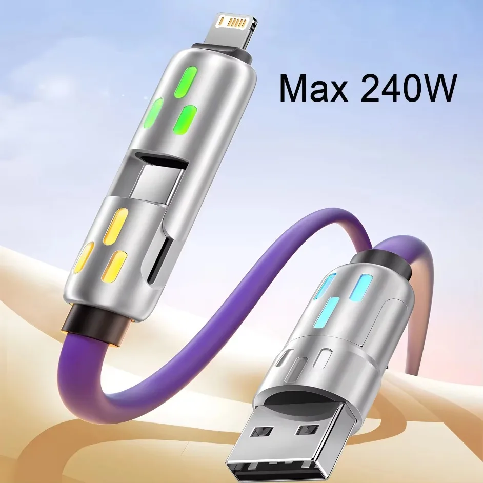 4 في 1 موصلات متعددة شاحن الكوع الدوار USB إلى Type-C الهاتف المحمول 240 واط شحن سريع كابل السيليكون نقل البيانات