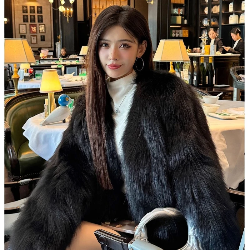 Élégant fausse fourrure veste femmes automne hiver chaud épais col rond bouton solide vêtements d'extérieur mode haute rue Imitation fourrure de renard dame manteau