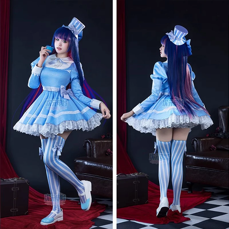 

Panty & Stocking With Garterbelt Stocking Anarchy Cosplay Costume Women Lace Lolita Dress Hat Striped Stockings Halloween Party
