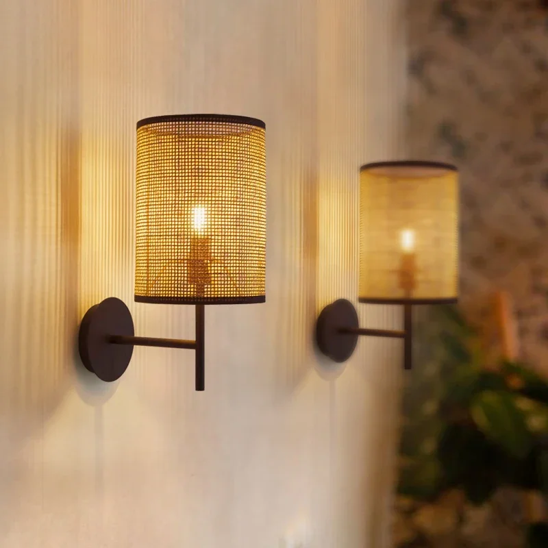 Rattan Japanese-style bedroom wall lamp simple wabi wind living room aisle entrance retro simple study bed and breakfast bedside