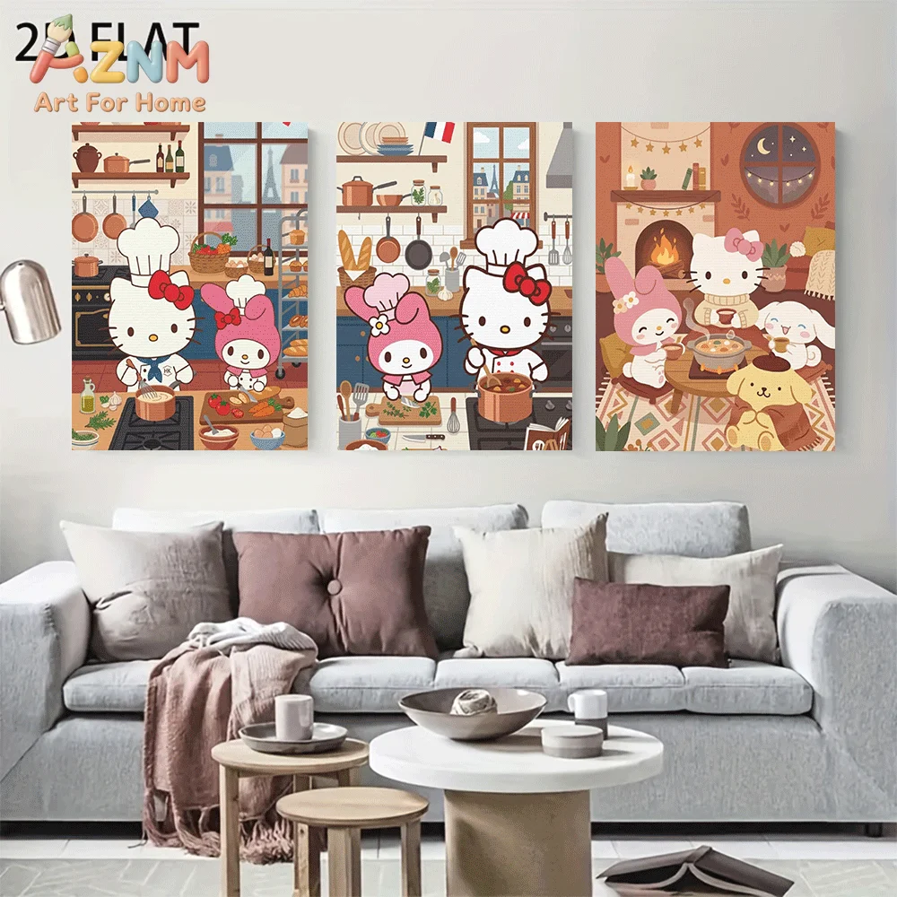 AZNM Sanrio Hello Kitty Friends Chef Cooking Canvas Wall Art Unframed Cute Cartoon Kitchen Baking Warm Home Dinner Scene Paintin