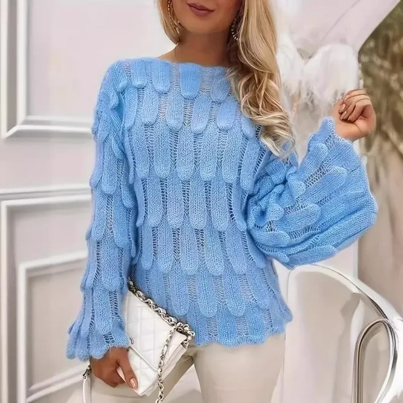 

Winter Classic Knitted Pullover Feather Twisted Sweater Hollow O Neck Long Later Sleeve Knitwear Soft Warm Clothing Top Korean