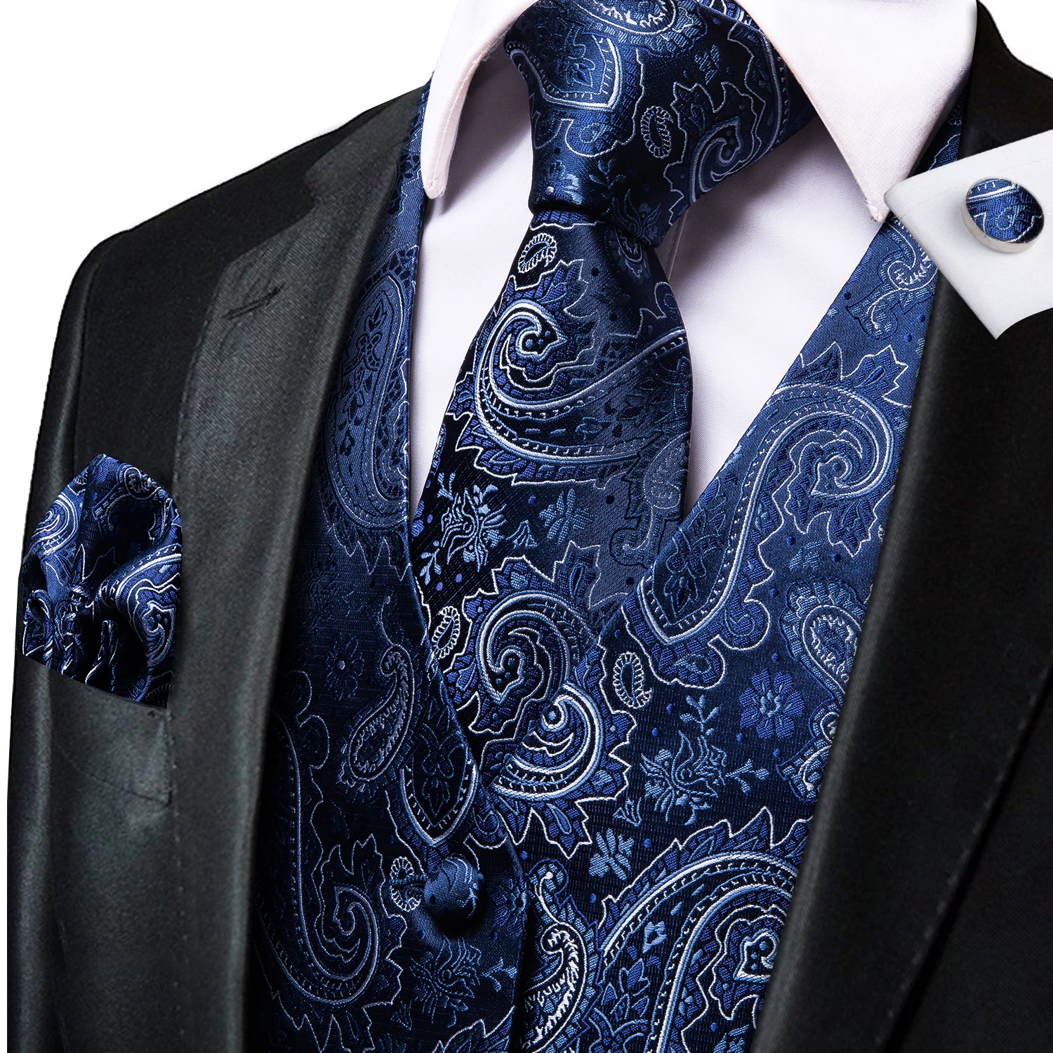 Hi-Tie Blue White Men Vests New Silk Paisley V-Neck Waistcoat Tie Hanky Cufflinks Brooch Set for Men Suit Wedding Party Designer