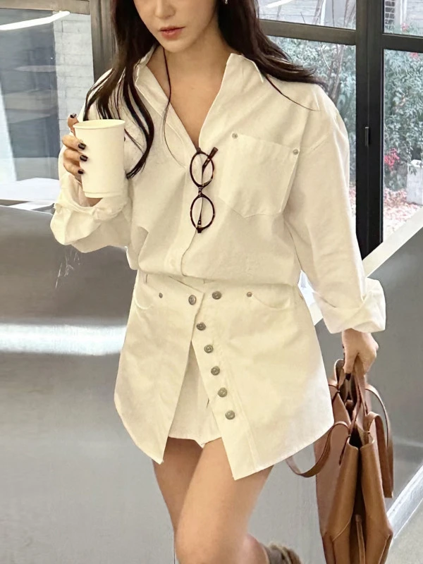 

Белая женская юбка в корейском стиле с длинными рукавами, А-силуэт, с высокой талией, для весеннего офисного образа, цельная модель