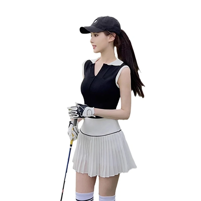 Versão coreana terno de golfe feminino conjunto casual esportes camisa polo sem mangas superior tênis badminton plissado saia curta