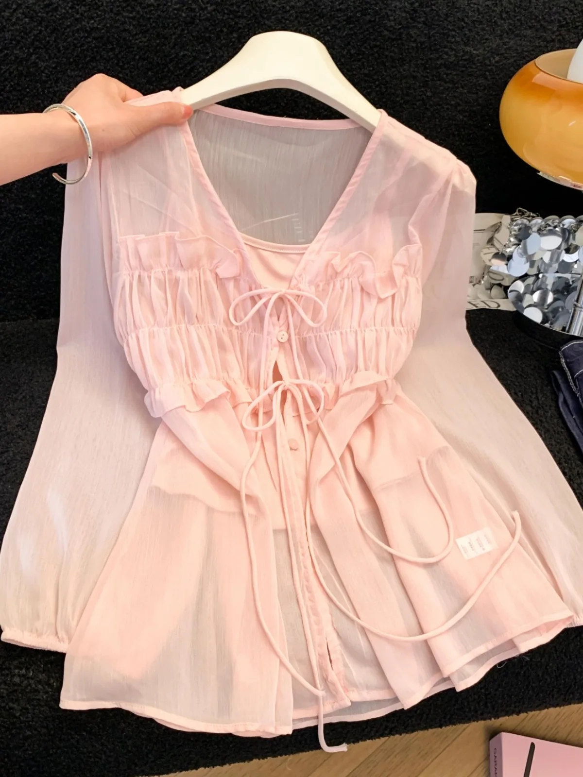 

Pink Strapless Cardigan And Two-Piece Set Women's Summer Thin Ice Silk Sunscreen Chiffon Top Pure Desire Anti-Aging Top