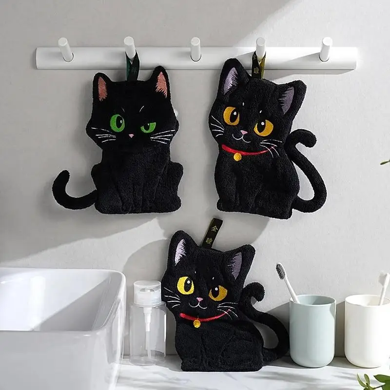 Cartoon Black Cat Hand Towel Animals Shape Absorbent Hand Cloth Kitchen Cleaning Wipe Cloth Kid Bathroom Hanging Towel【Homeclub】