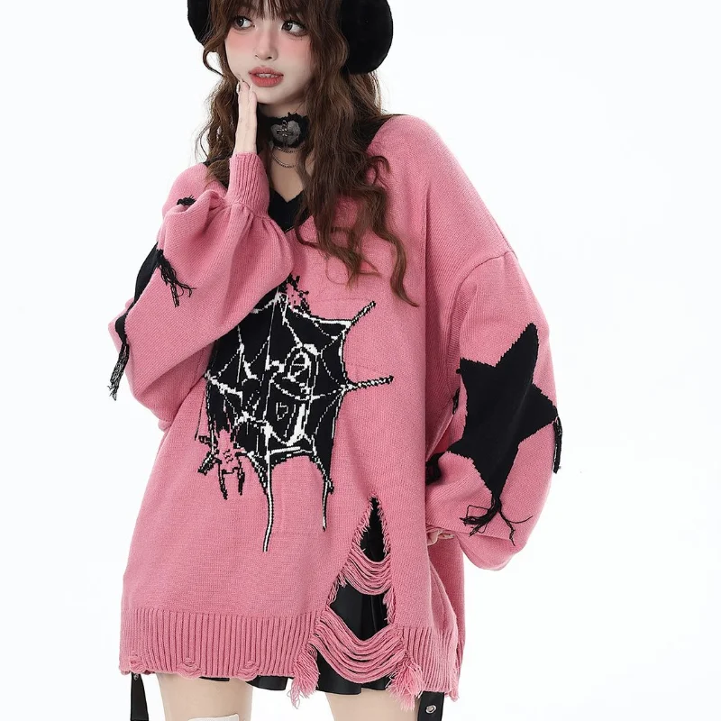 Deeptown Y2k Gothic Frauen Pullover Harajuku japanische Mode V-Ausschnitt Strick pullover Loch übergroße Kontrast farbe Grunge Herbst