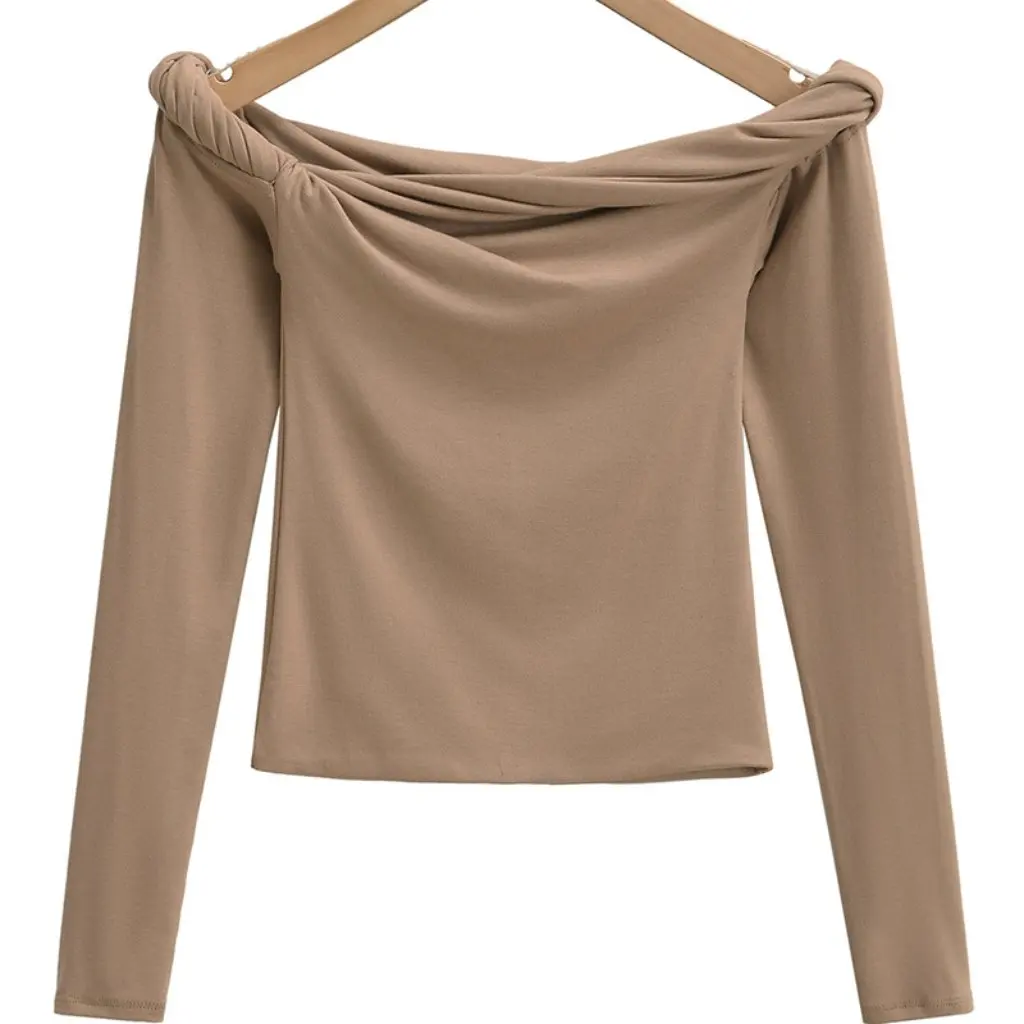 

Women's Twisted Off-Shoulder Long-Sleeved T-Shirt Slim Fit Sexy Bottoming Top Pure Color Autumn New