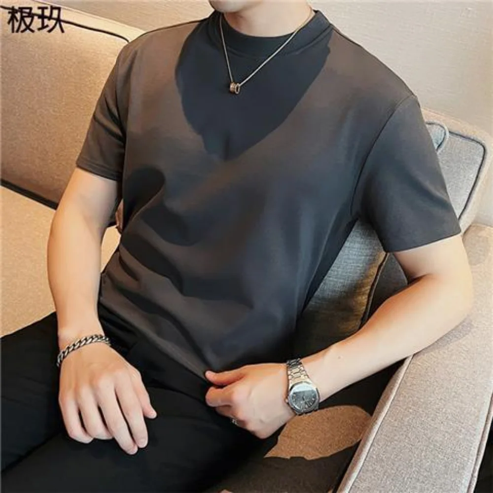 Summer Comfortable Smooth T-Shirts for Men Short Sleeve Fashionable Clothes Elastic and Breathable Solid Color TShirts