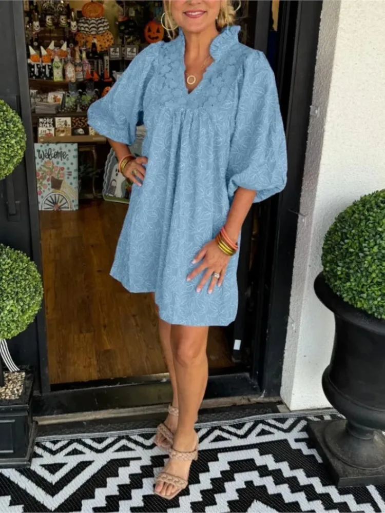 

Spring Fashion Lace Loose Mini Dress Women's V-neck Puff sleeves Casual Dresses Female Summer New Holiday Sweet Lady Clothes
