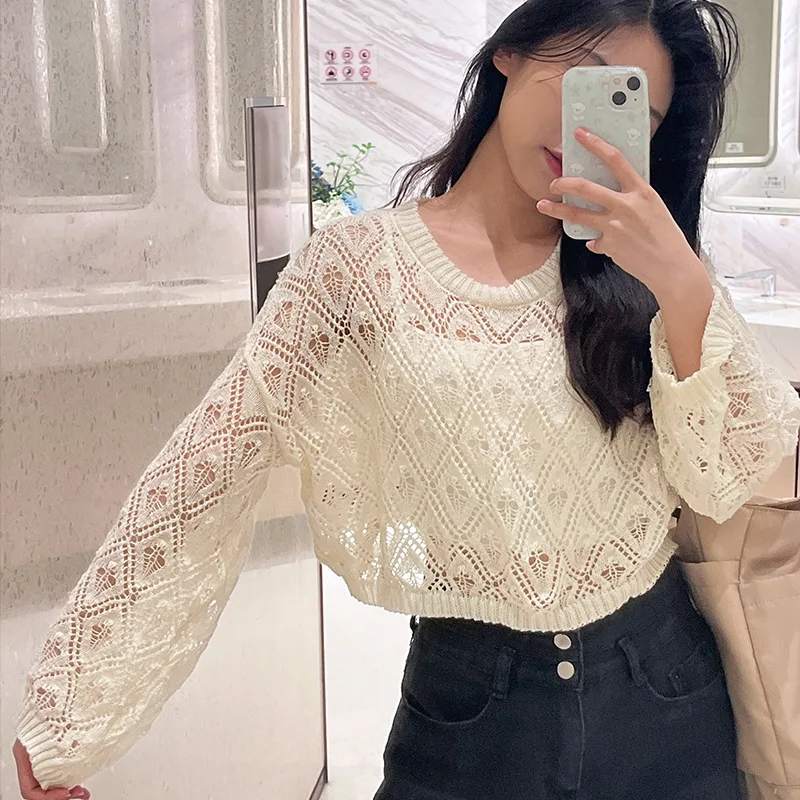 Pullovers Women Summer Sun-proof Hook Flower Hollow Design Knitted Tops Long Sleeve Korean Fashion Popular Casual Daily Chic