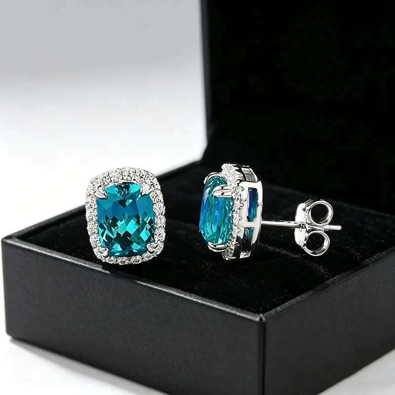 S925 Sterling Silver Stud Earrings 6*8mm Cushion Cut Lab‑Created Gemstone Halo Zircon Push‑Back Fine Jewelry Women Ear Gift