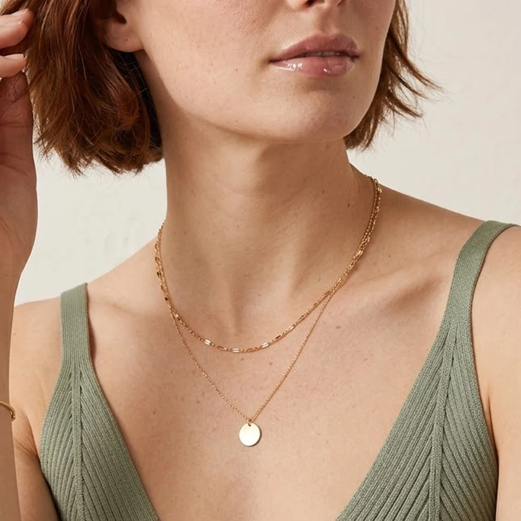 14K Gold Plated Stainless Steel Layered Necklaces For Women Flat Disc Sequin Chain Plain Smooth Round Coin Pendant Necklace Gift