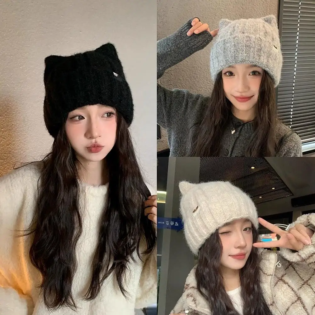Chapeau en laine avec oreilles de chat mignon pour enfants, chapeau d'hiver en polaire épaisse de Style japonais avec Protection des oreilles, bonnet tricoté chaud