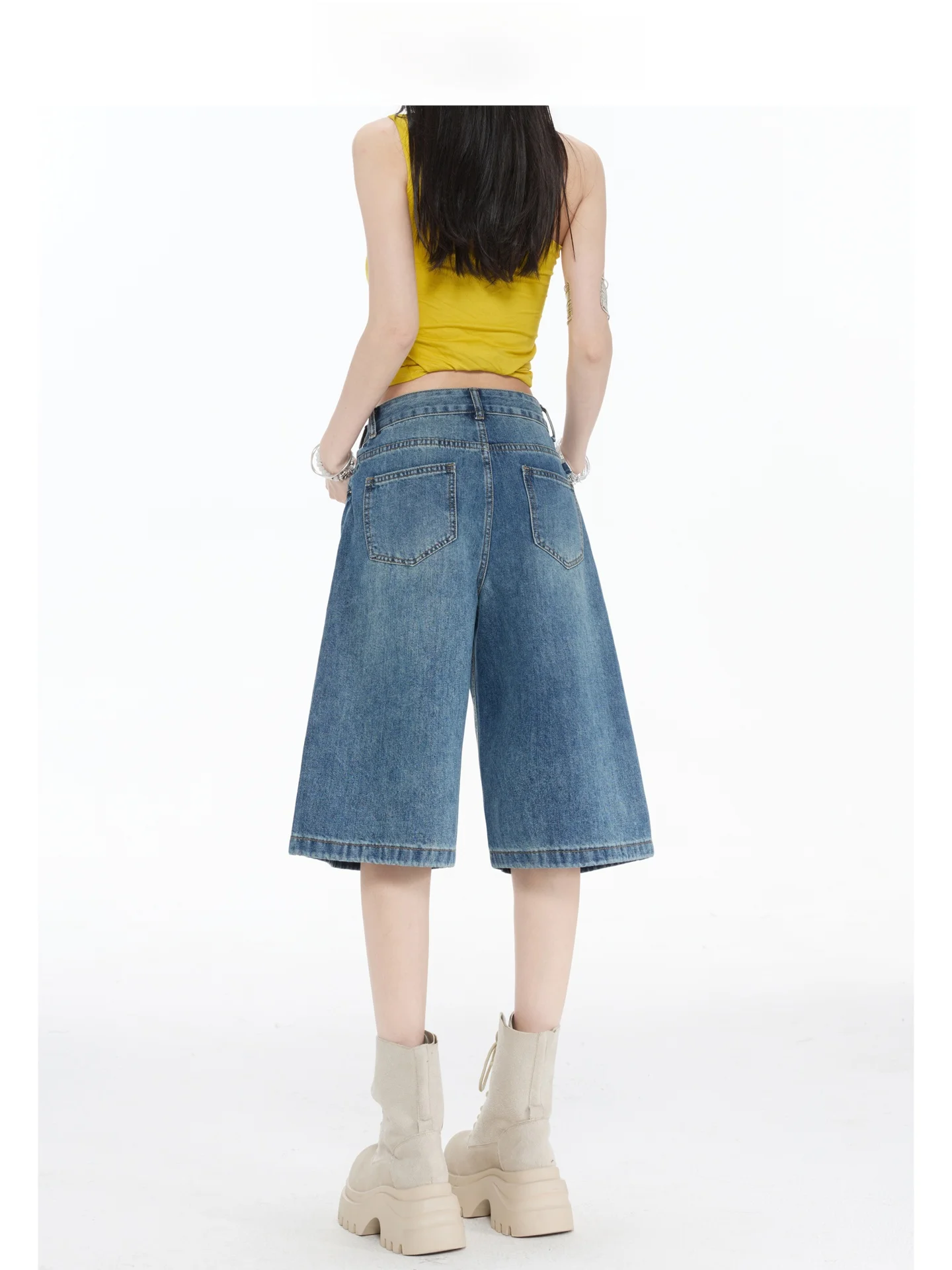 Blue High Waist Wide Leg Straight Cut Jeans Women's Miniature Slimming Five-Point Pants Casual Style Faded Effect Summer Jeans