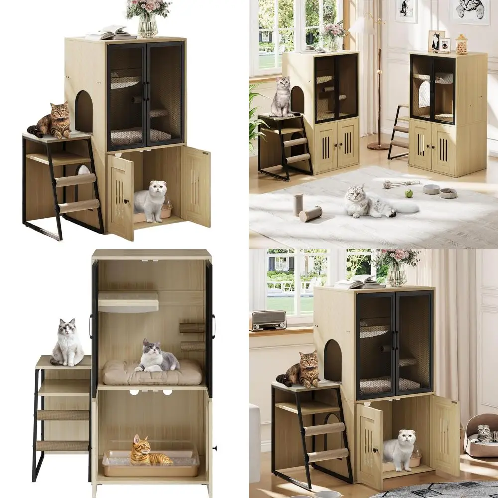 

Двухуровневый закрытый кошачий туалет-мебель с дверцей, скрытым хранилищем и лестницей, отделка натуральное дерево