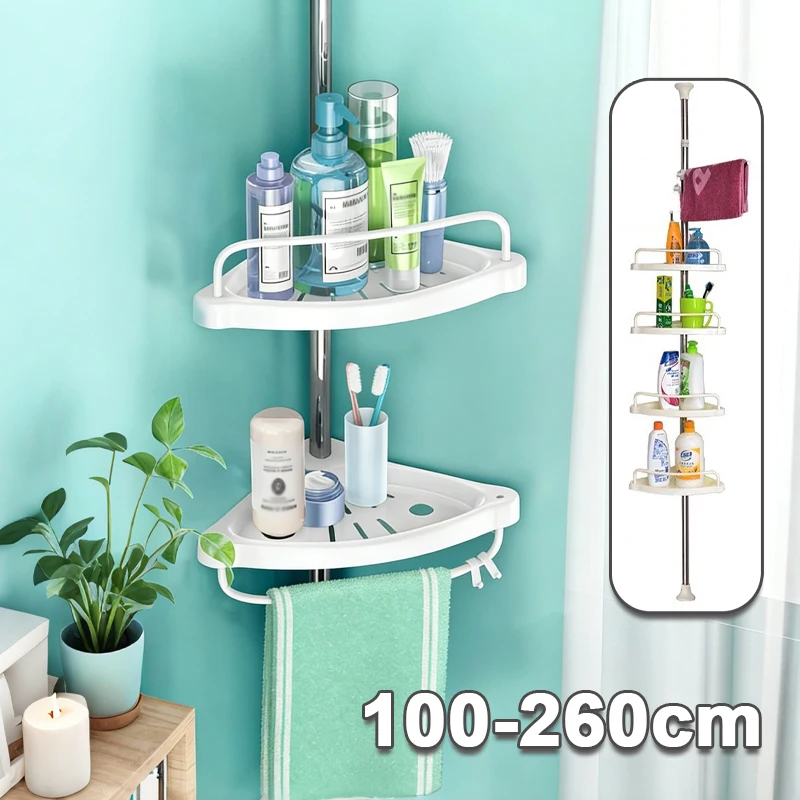 

Telescopic Floor-To-Ceiling Corner Rack Shower Caddy No Drill Organizer Shelf with Adjustable Trays & Rotating Towel Bar Storage