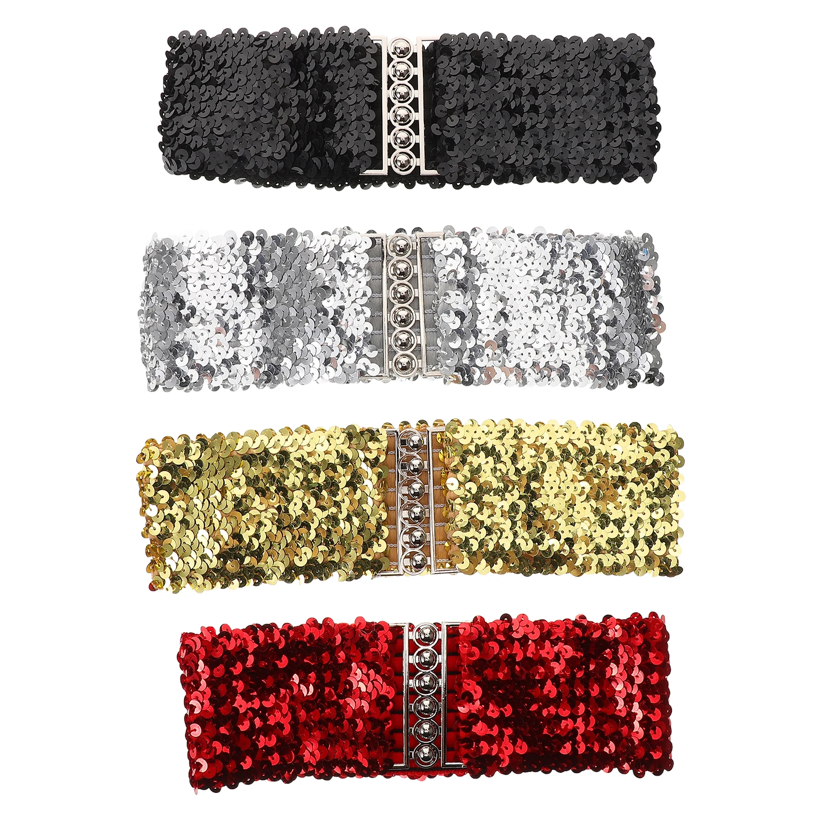 

4pcs Sequin Waist Belt For Women Elegant Glitter Elastic Dress Belt Hook Closure Stretchy Waistband Belts Party Wedding