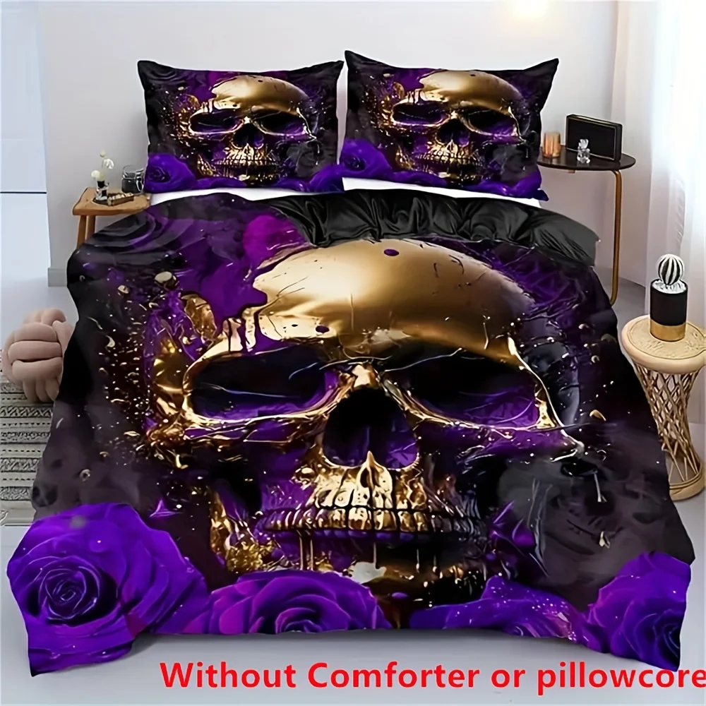 

2/3pcs Purple Rose Skull Pattern Breathable Duvet Cover Set (1 Duvet Cover + 1/2 Pillowcase, Without Core), Soft Bedding Set