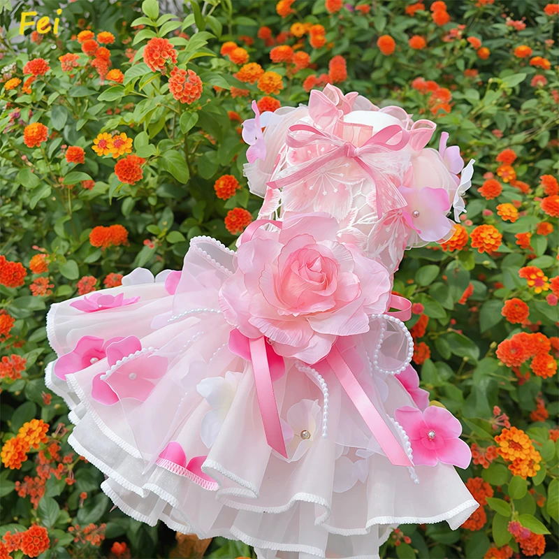 Luxury Summer Handmade Hollow Lace Dog Dress with Pink Flower Bow Princess Outfit for Small Dogs Wedding Photoshoot